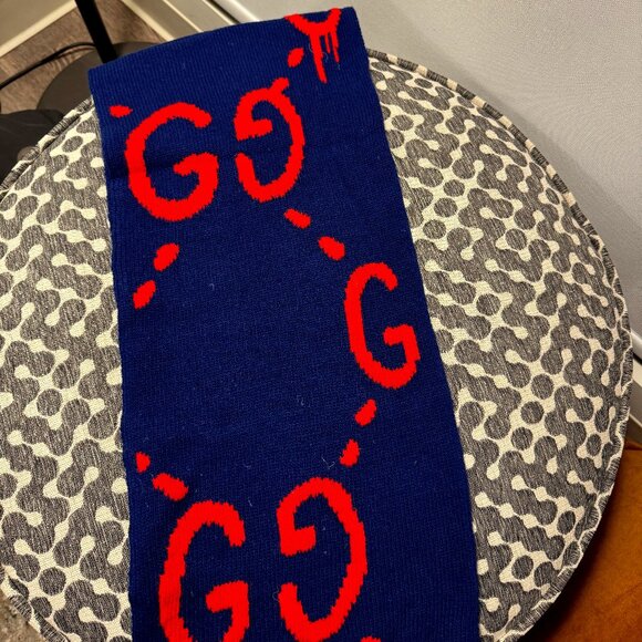 Gucci Blue Scarf with Red GG Logo